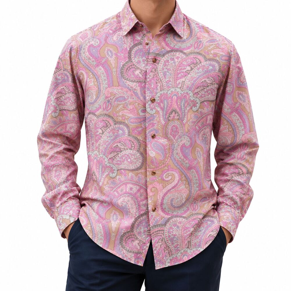 Mens Large Pink Paisley 100% Cotton Long Sleeve Button Up Shirt Boho Retro NWT